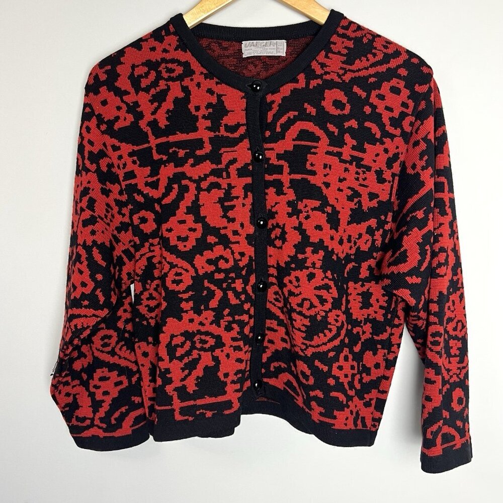 Vintage Jaeger Wool Cardigan sz M‎ Black Red Festive 3/4 Sleeve Boxy Preppy 90s